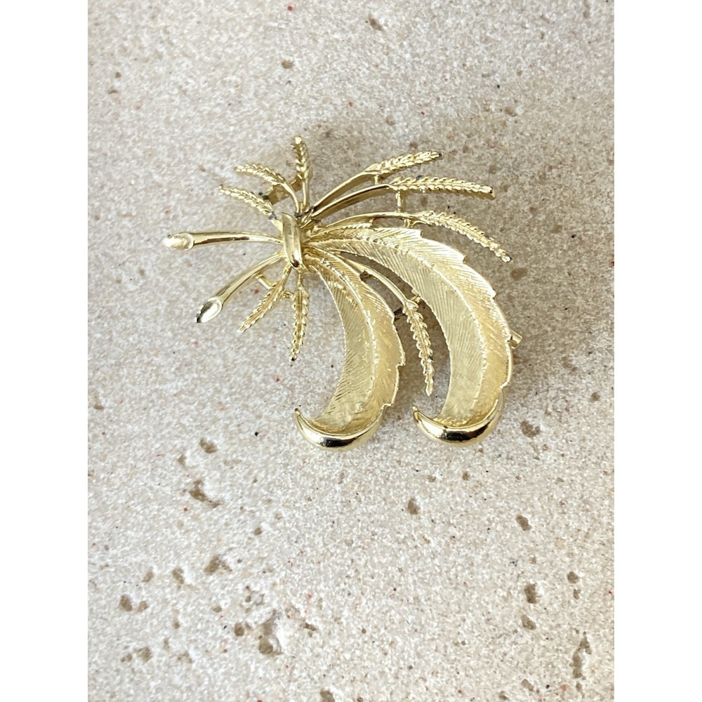 Vintage Gold Tone Wheat Sheaf‎ Brooch Harvest Spray Textured Leaf Botanical